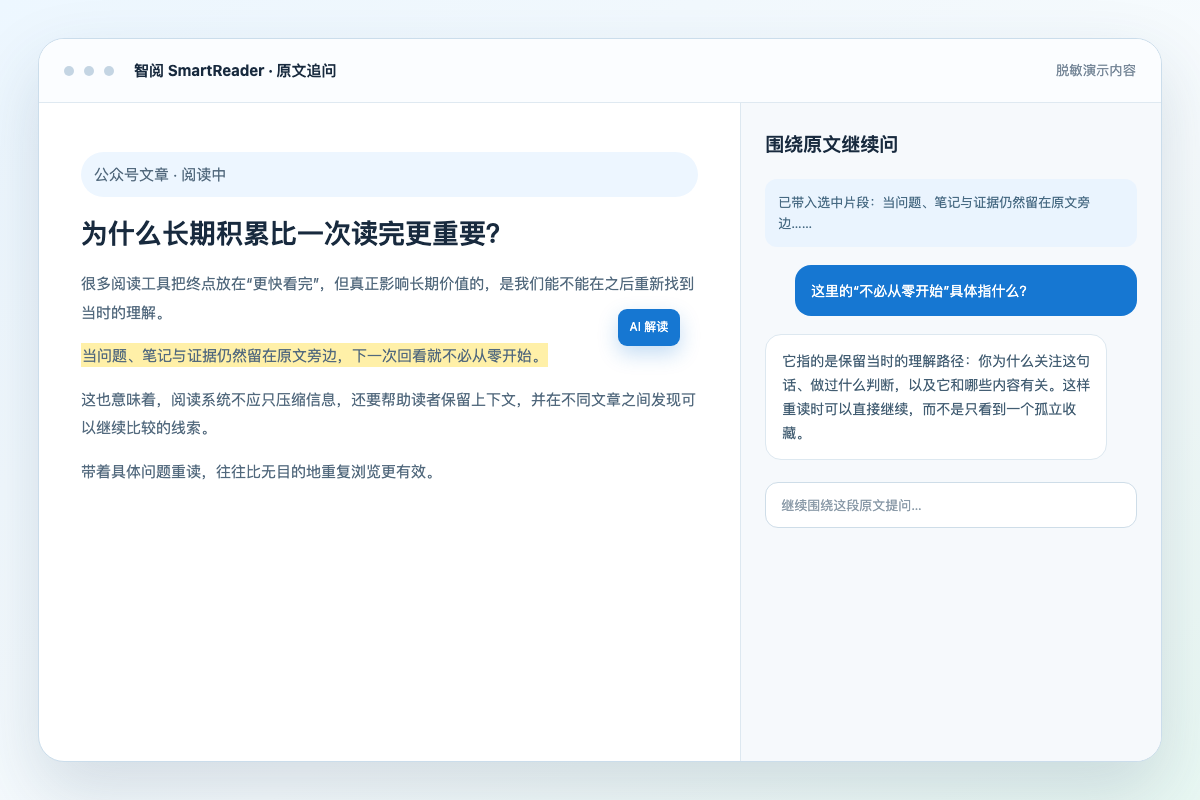 智阅 SmartReader 原文追问页面，展示选中文段与围绕原文展开的 AI 对话